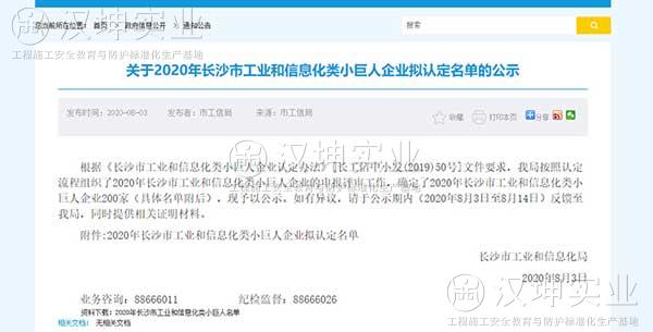喜报！汉坤实业入选2020年长沙市工信类小巨人企业